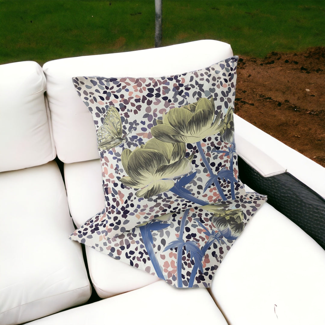 Set of Two 16" X 16" Blue and Yellow Butterfly Blown Seam Floral Indoor Outdoor Throw Pillow