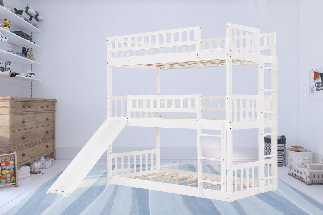 White Twin over Twin over Twin Contemporary Manufactured Wood and Solid Wood Bunk Bed