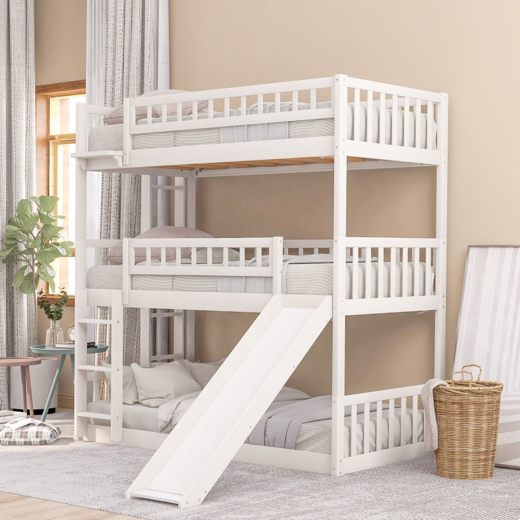 White Twin over Twin over Twin Contemporary Manufactured Wood and Solid Wood Bunk Bed