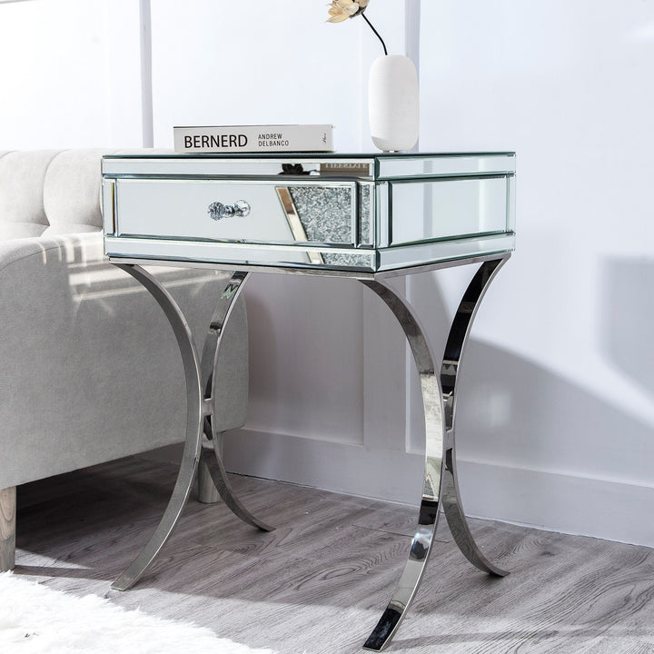 Mirrored Silver Finish Nightstand Drawer