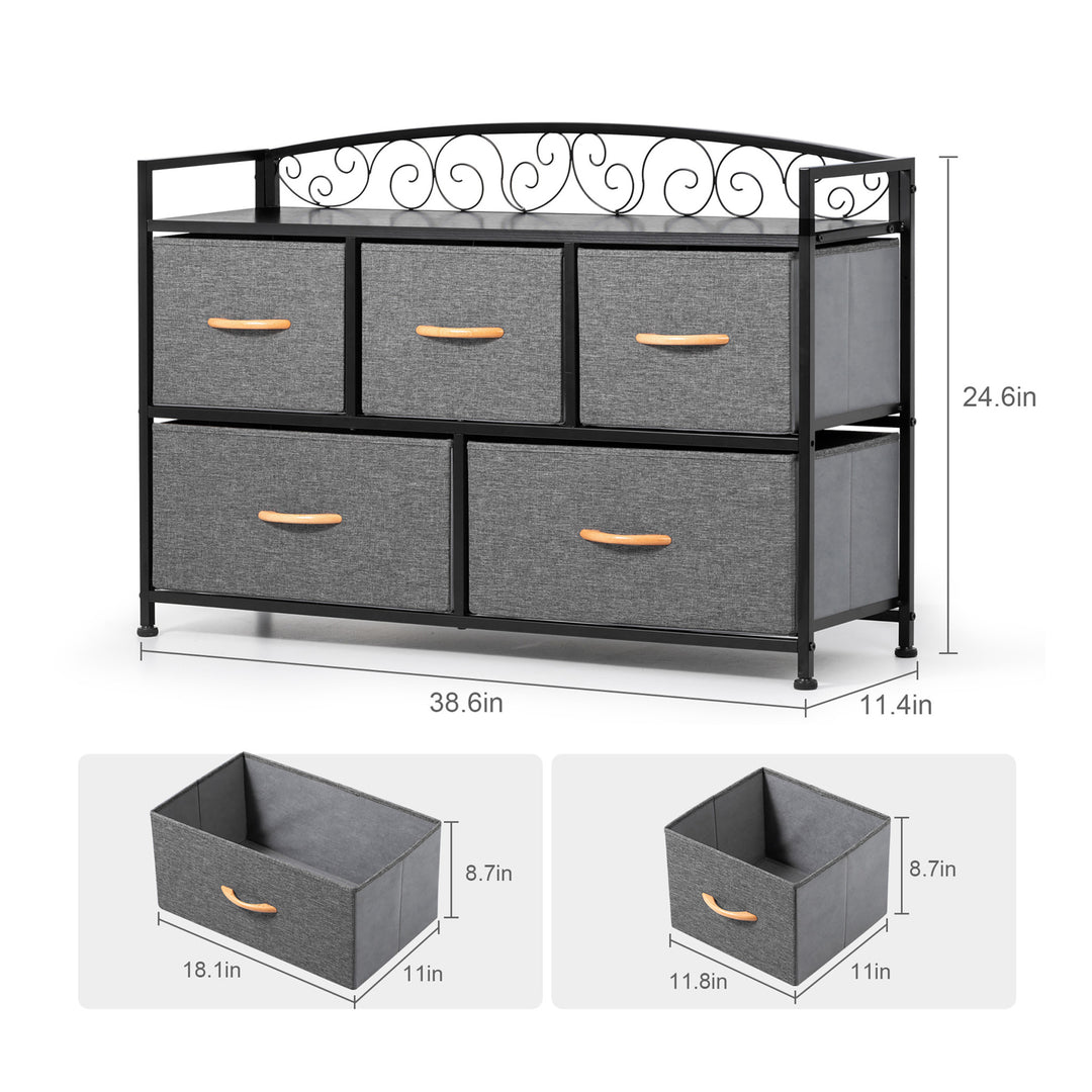 39" Gray and Black Steel and Fabric Five Drawer Combo Dresser