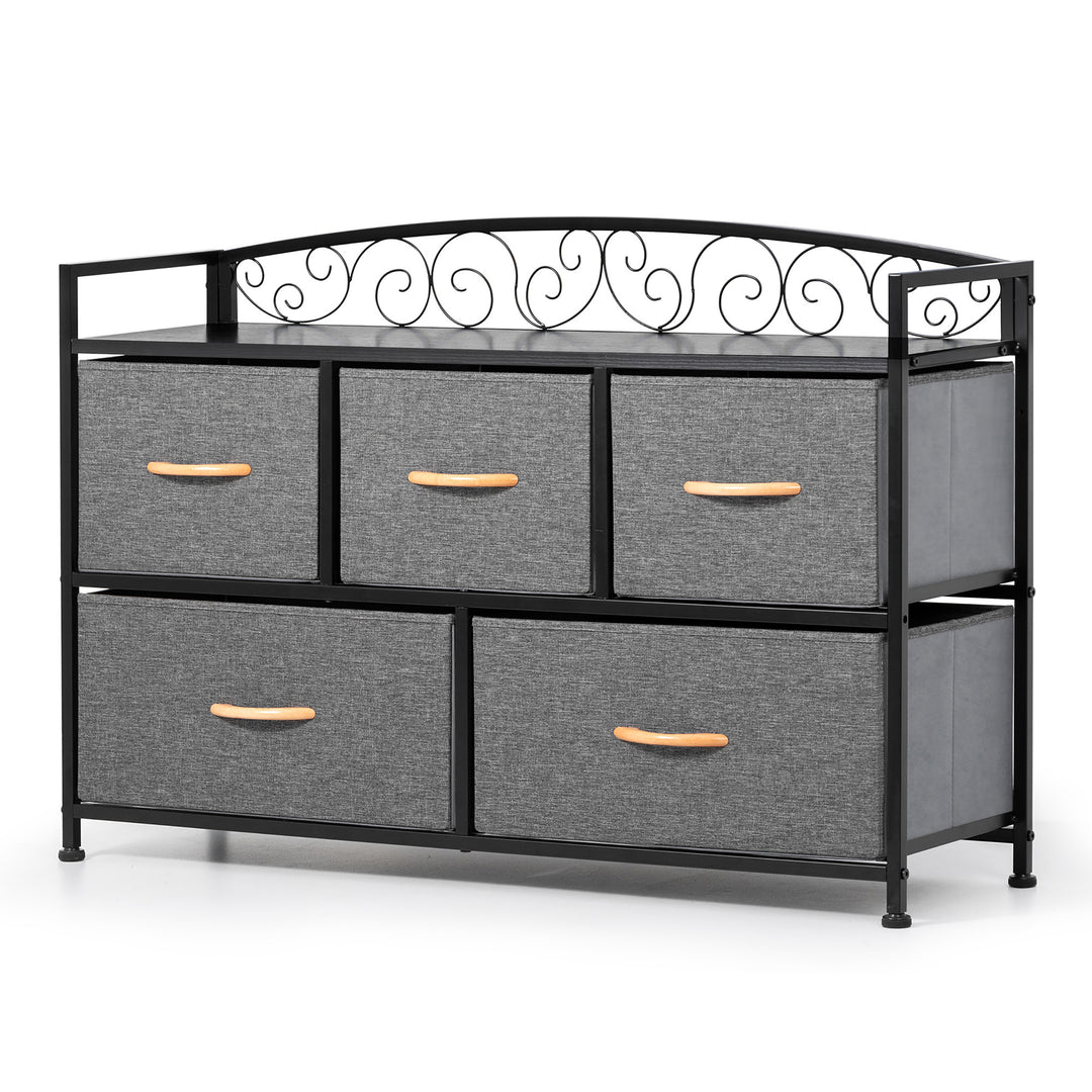 39" Gray and Black Steel and Fabric Five Drawer Combo Dresser