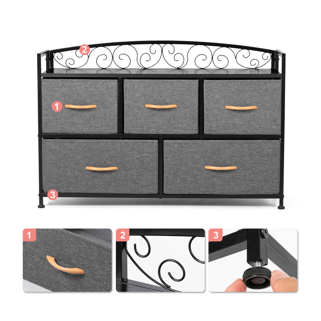 39" Gray and Black Steel and Fabric Five Drawer Combo Dresser