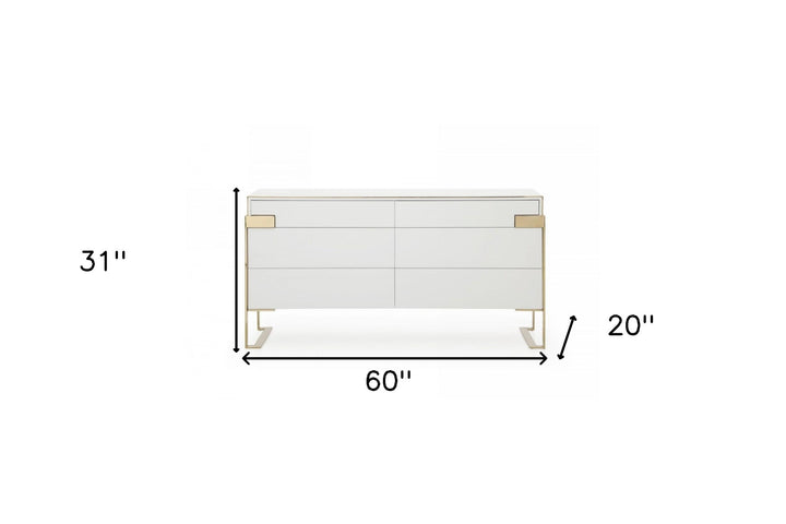 60" White Champagne Gold Solid And Manufactured Wood Six Drawer Dresser