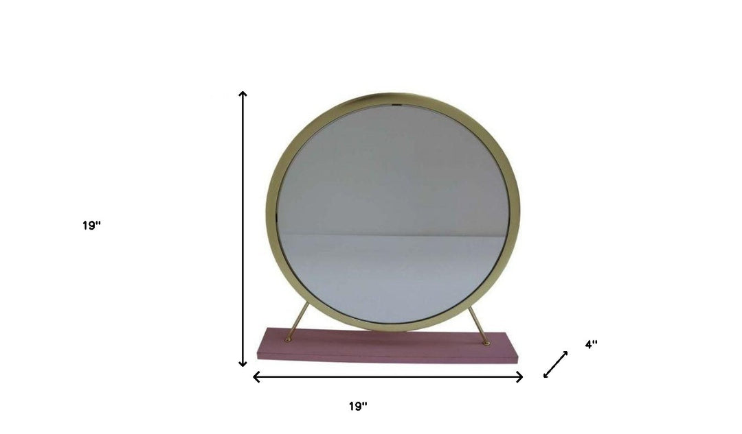 19" Faux Fur, Mirror, Pink & Gold Finish Round Makeup Shaving Tabletop Mirror