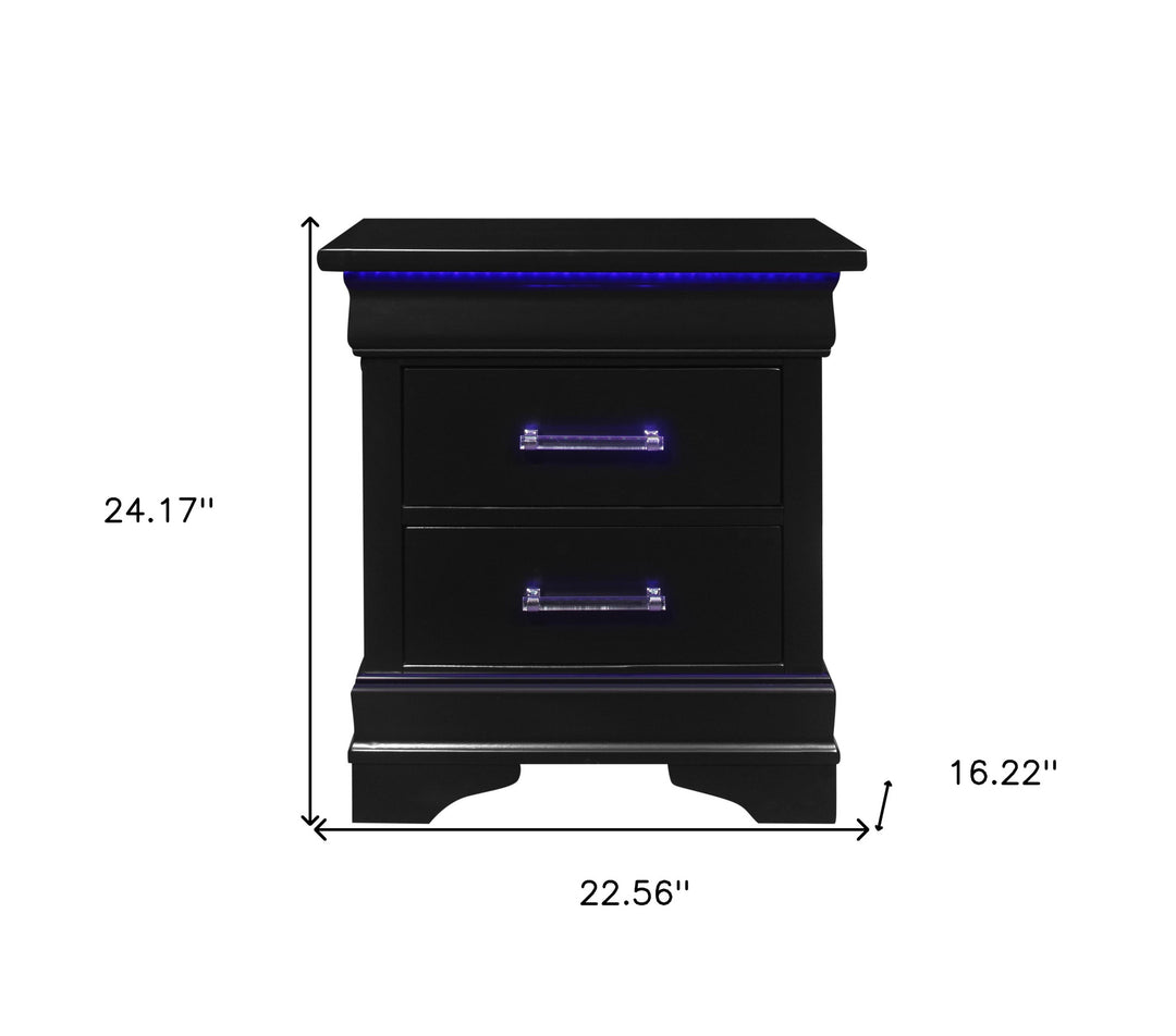 24" Black Two Drawer Wood Lighted Nightstand