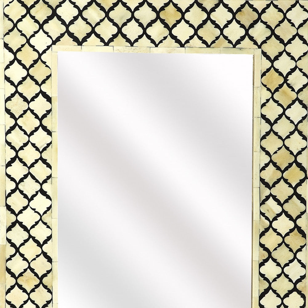 24" Ivory and Black Quatrefoil Bone Inlay Framed Wall Mirror