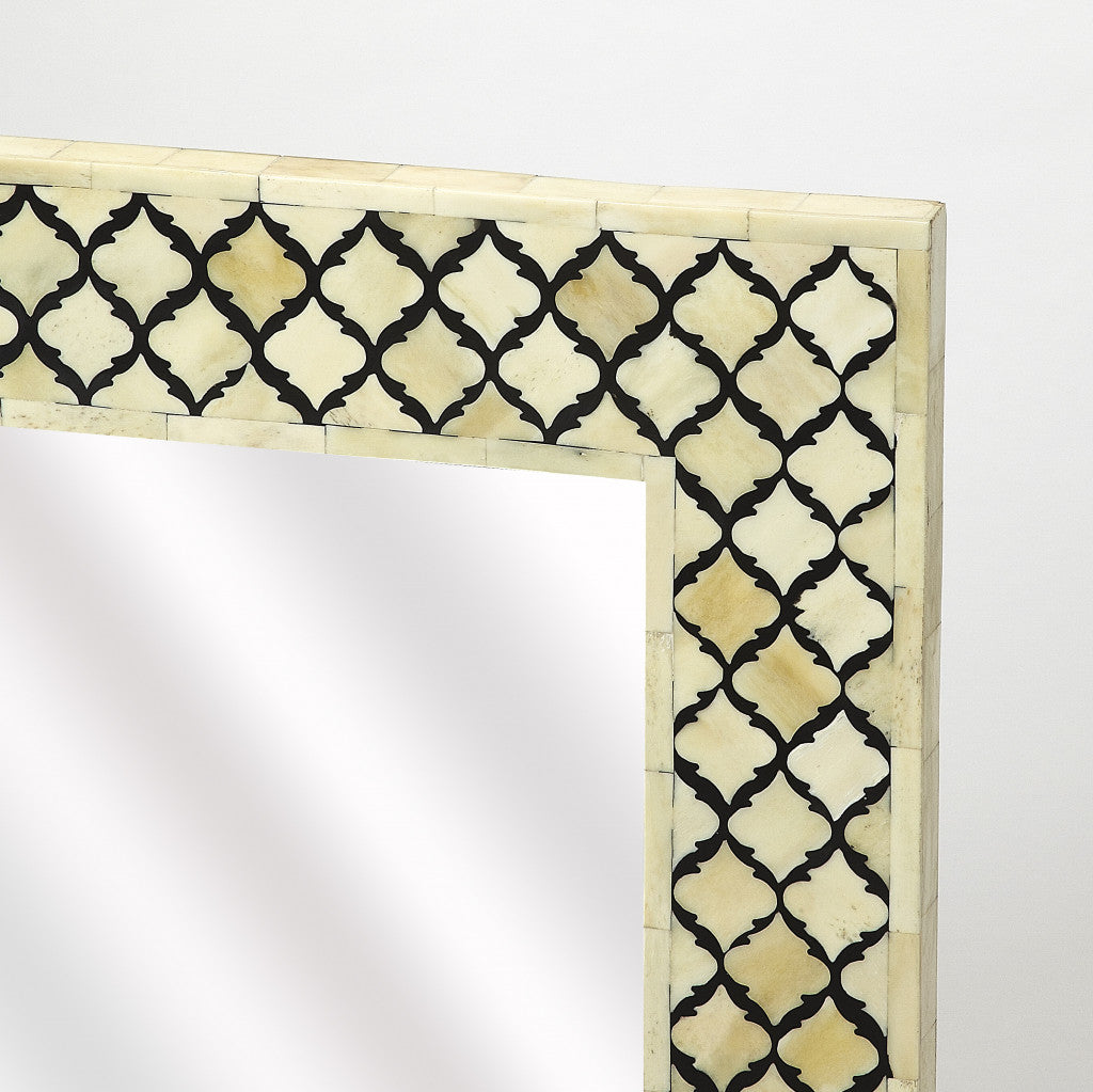 24" Ivory and Black Quatrefoil Bone Inlay Framed Wall Mirror