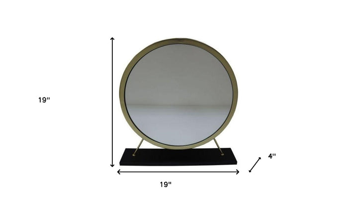 19" Faux Fur, Mirror, Black & Brass Finish Round Makeup Shaving Tabletop Mirror