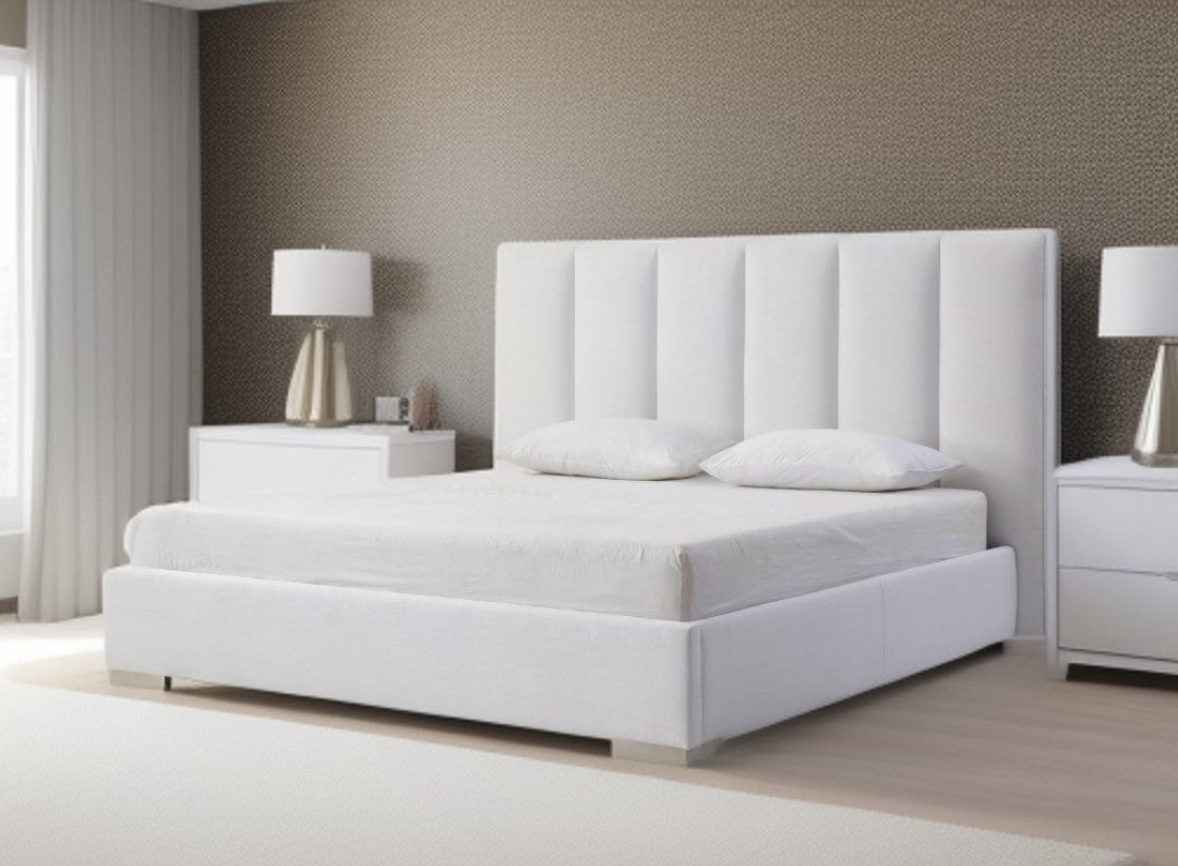 Queen White Upholstered Channel Tufted Velvet Bed Frame