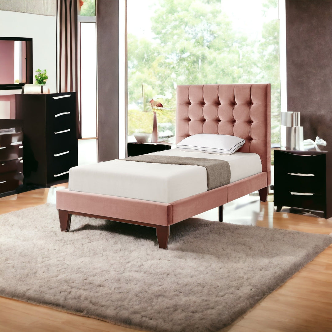 Blush Solid Wood Twin Tufted Upholstered Velvet Bed