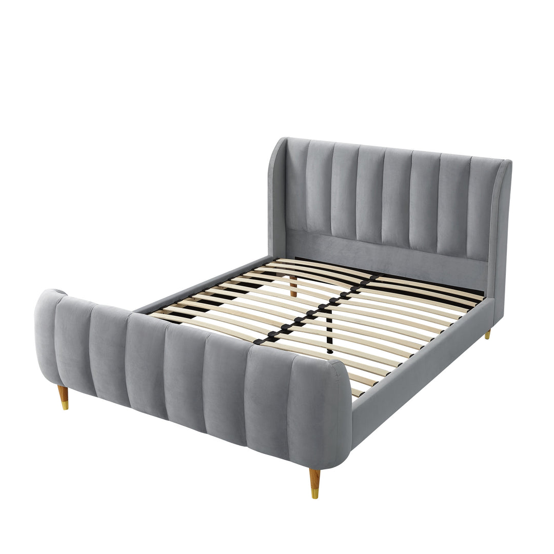 Gray Solid Wood Queen Tufted Upholstered Velvet Bed Frame