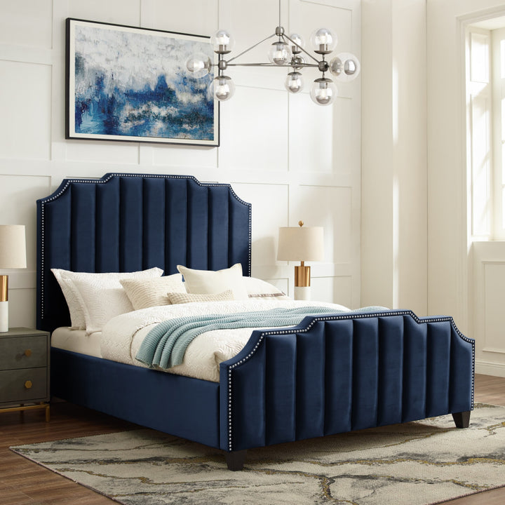 Navy Blue Solid Wood King Tufted Upholstered Velvet Bed with Nailhead Trim