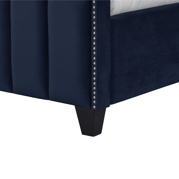 Navy Blue Solid Wood King Tufted Upholstered Velvet Bed with Nailhead Trim