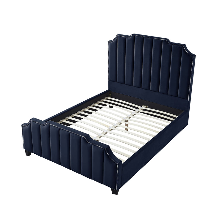 Navy Blue Solid Wood King Tufted Upholstered Velvet Bed with Nailhead Trim