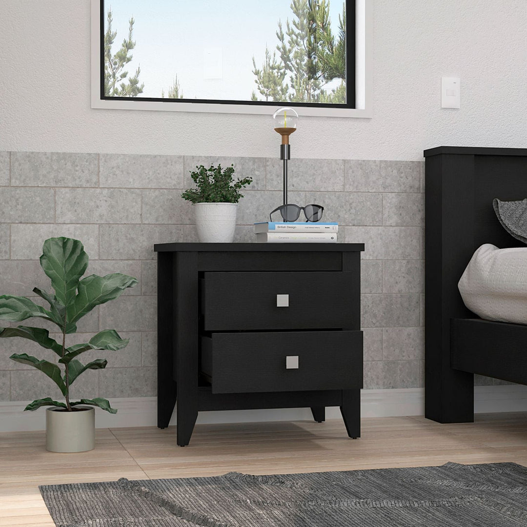 24" Black Two Drawer Faux Wood Nightstand