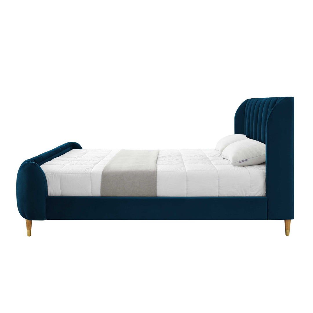 Navy Blue Solid Wood Queen Tufted Upholstered Velvet Bed Frame