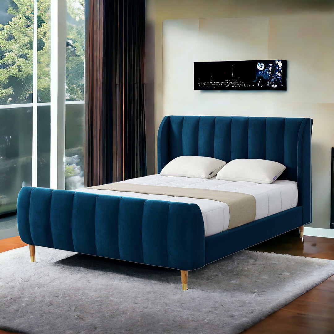 Navy Blue Solid Wood Queen Tufted Upholstered Velvet Bed Frame