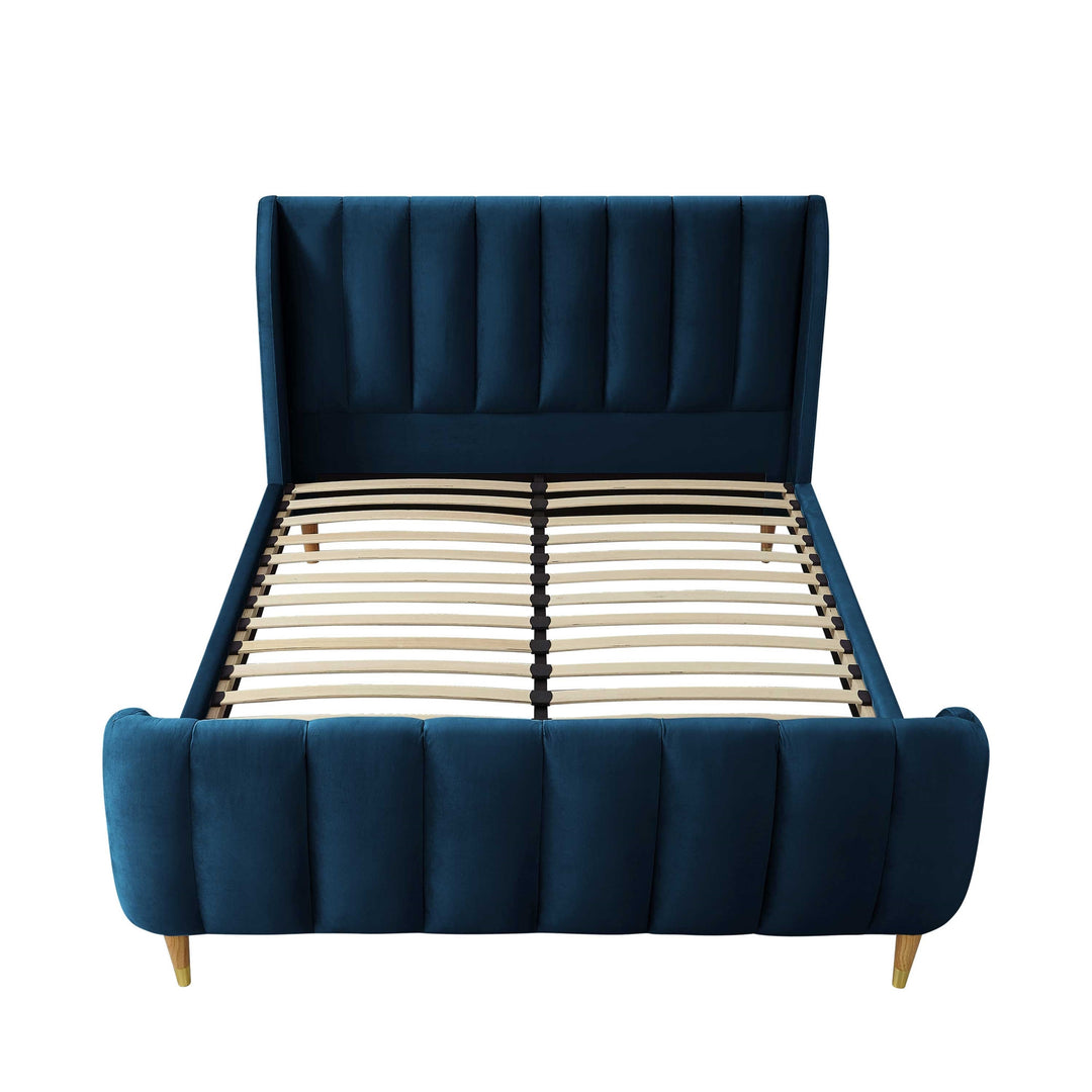 Navy Blue Solid Wood Queen Tufted Upholstered Velvet Bed Frame