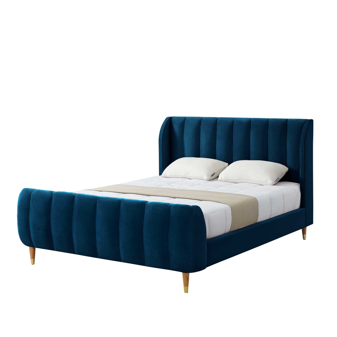 Navy Blue Solid Wood Queen Tufted Upholstered Velvet Bed Frame