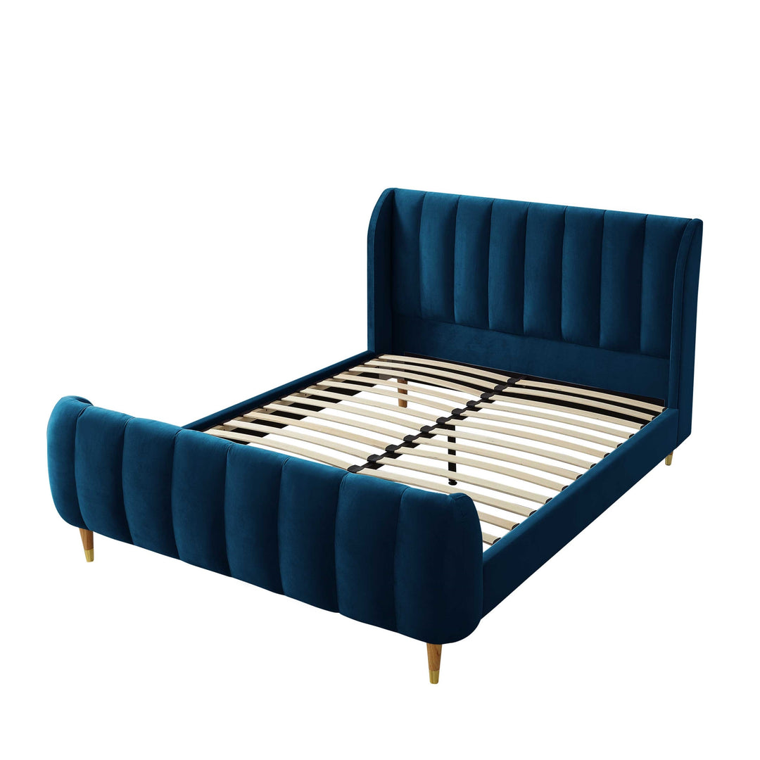 Navy Blue Solid Wood Queen Tufted Upholstered Velvet Bed Frame