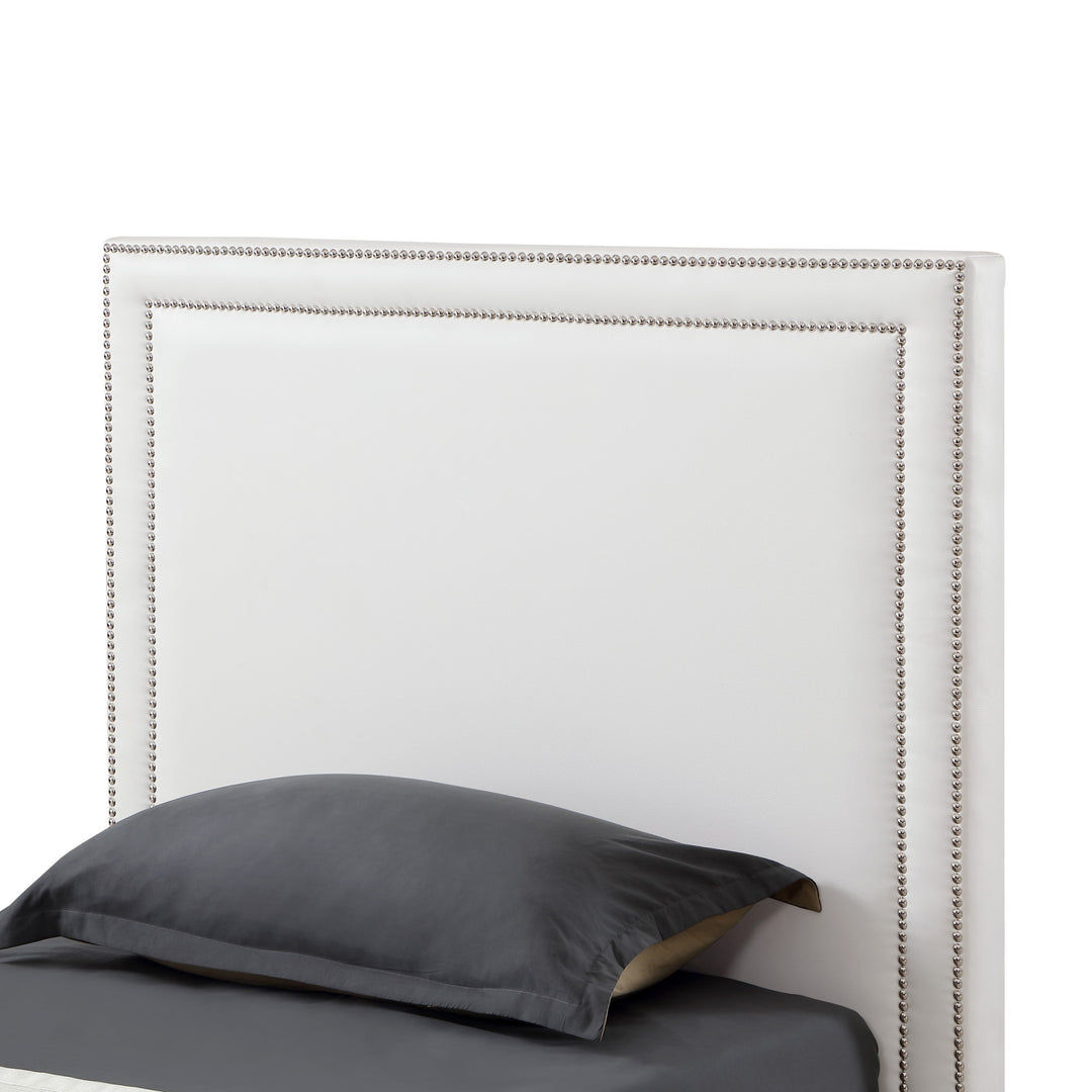 White Solid Wood Twin Upholstered Faux Leather Bed with Nailhead Trim