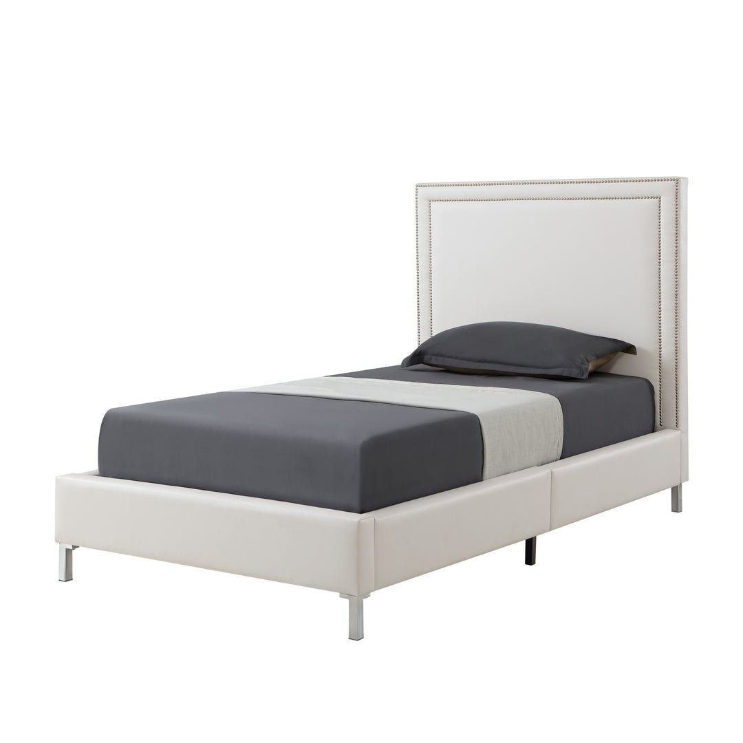 White Solid Wood Twin Upholstered Faux Leather Bed with Nailhead Trim