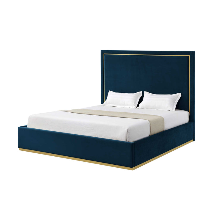 Navy Blue Solid Wood Queen Upholstered Velvet Bed