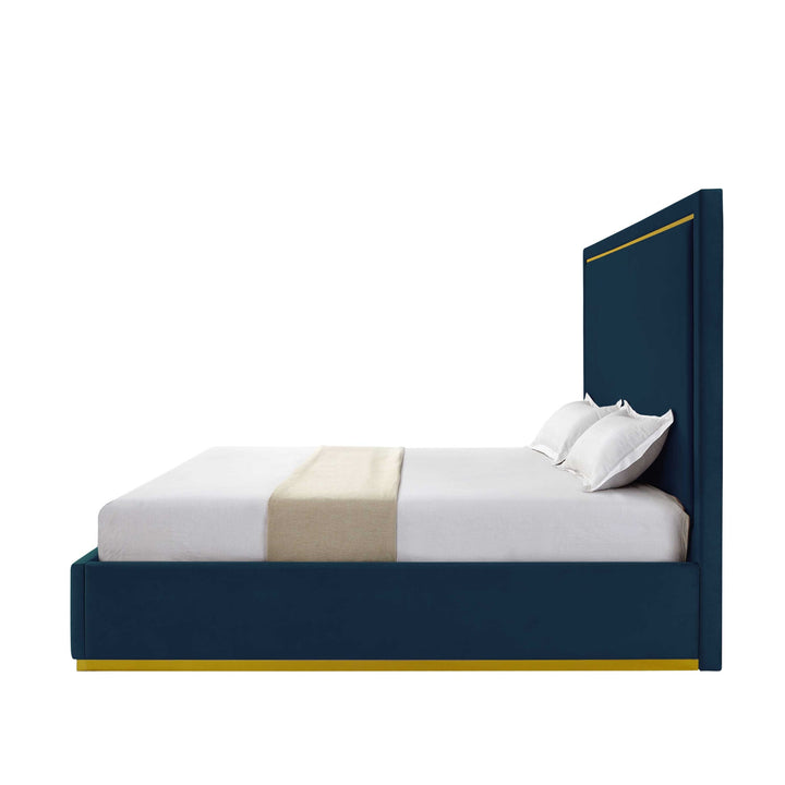 Navy Blue Solid Wood Queen Upholstered Velvet Bed