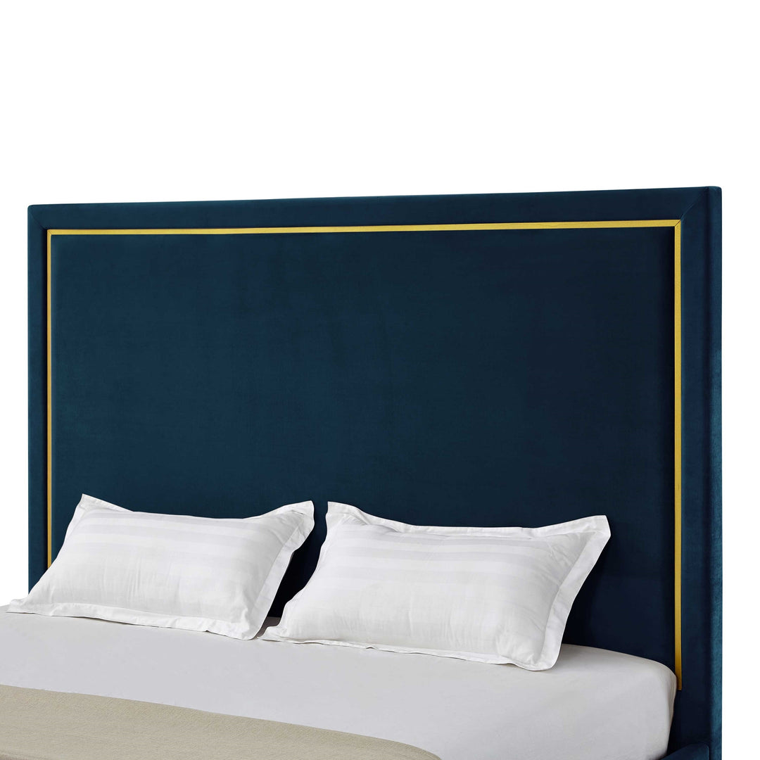 Navy Blue Solid Wood Queen Upholstered Velvet Bed