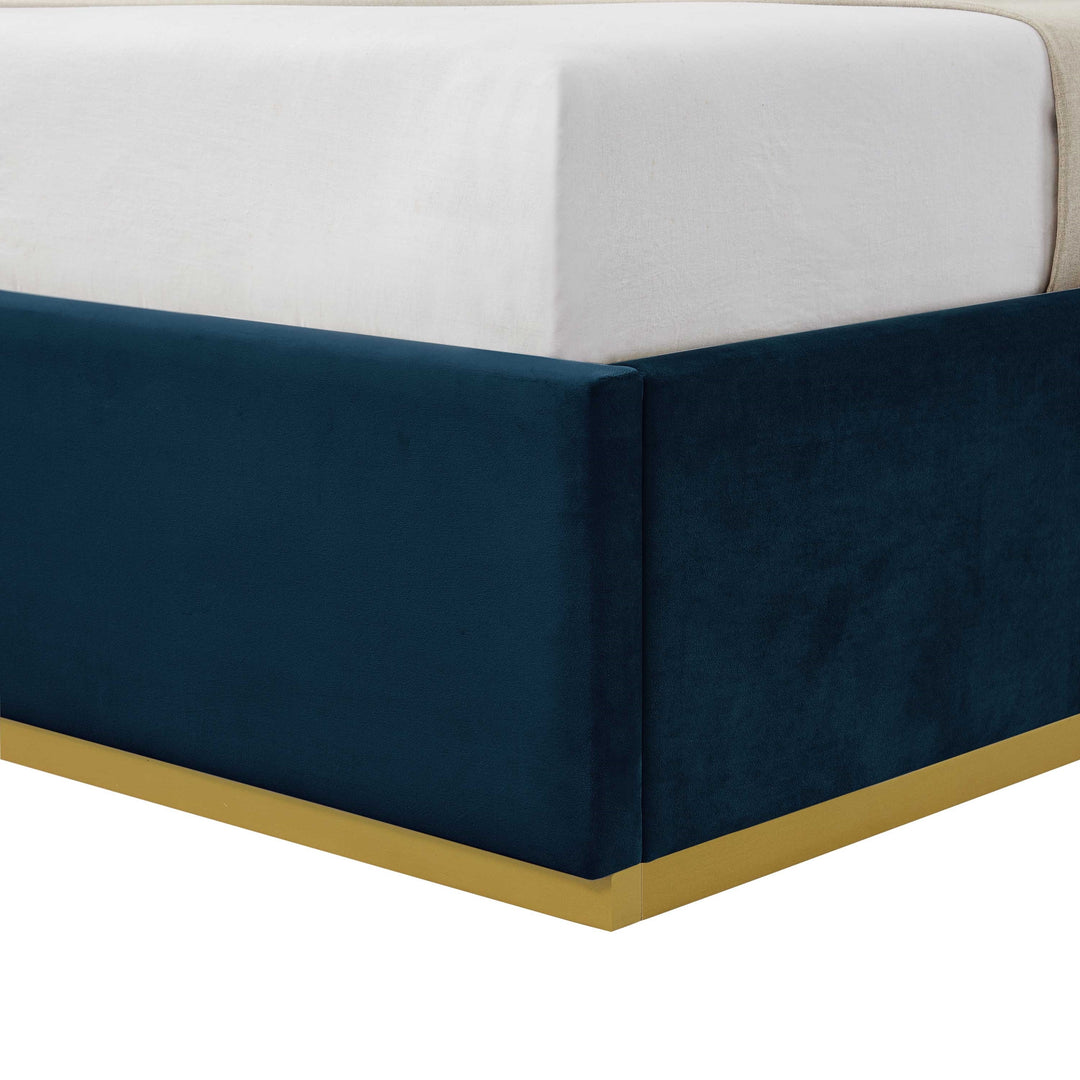 Navy Blue Solid Wood Queen Upholstered Velvet Bed