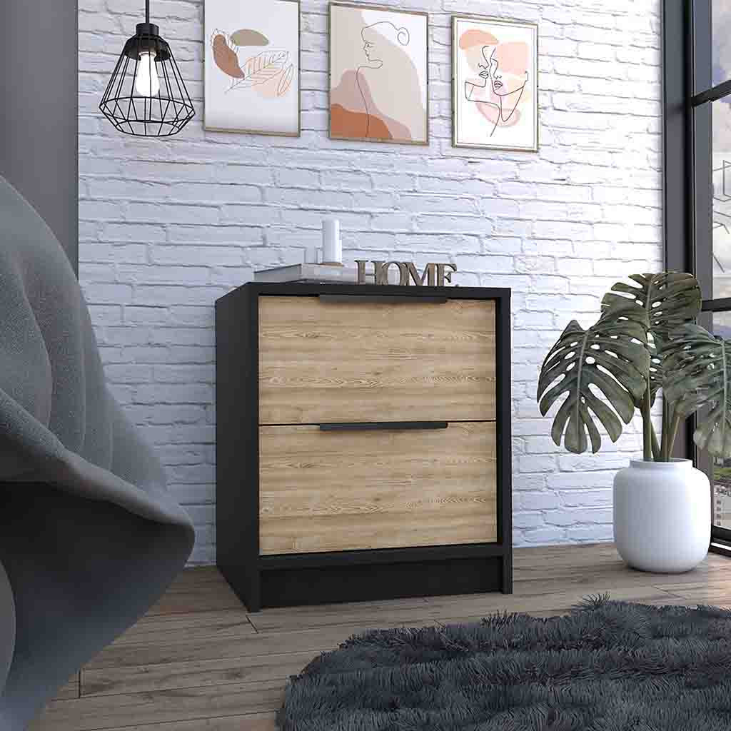 19" Black Two Drawer Faux Wood Nightstand