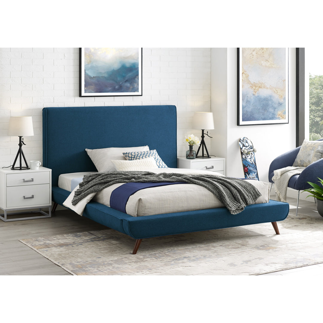 Denim Blue Solid Wood Full Upholstered Linen Bed