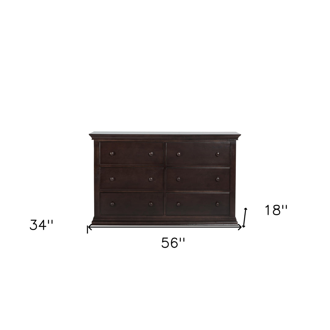 56" Espresso Solid and Manufactured Wood Six Drawer Double Dresser