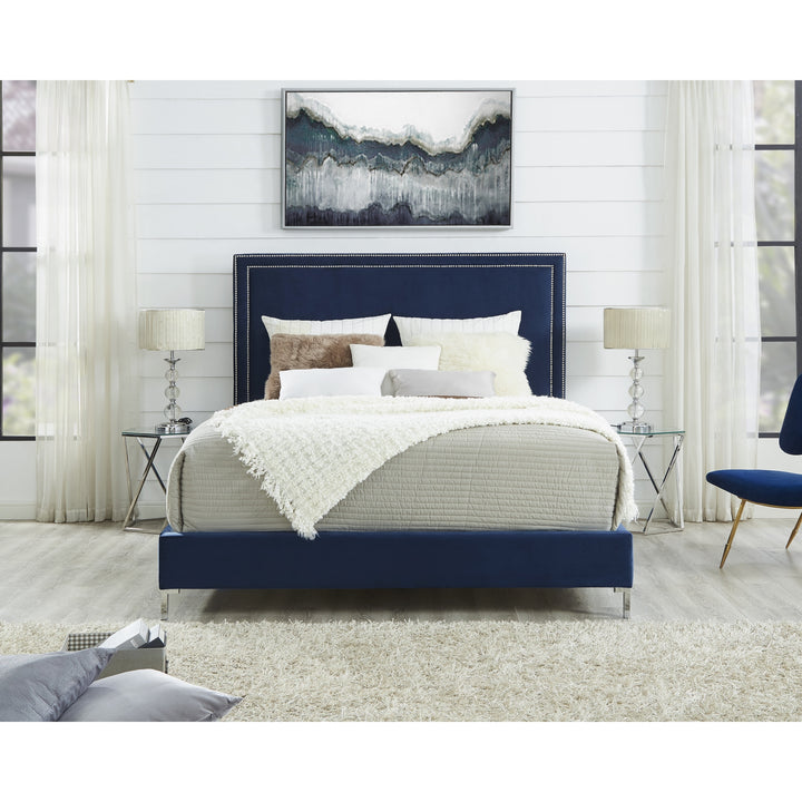 Navy Blue Solid Wood King Upholstered Velvet Bed with Nailhead Trim