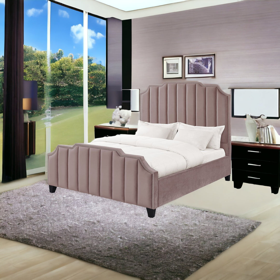 Pink Solid Wood Queen Tufted Upholstered Velvet Bed with Nailhead Trim