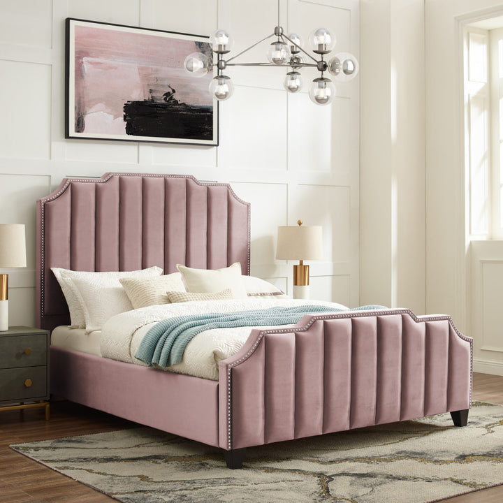 Pink Solid Wood Queen Tufted Upholstered Velvet Bed with Nailhead Trim