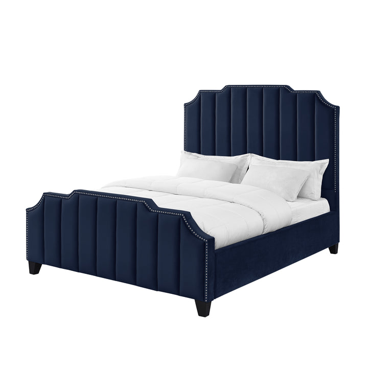 Navy Blue Solid Wood Queen Tufted Upholstered Velvet Bed with Nailhead Trim