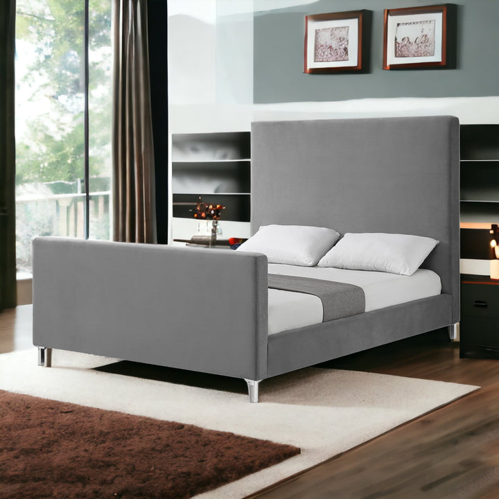 Gray Solid Wood Queen Upholstered Velvet Bed