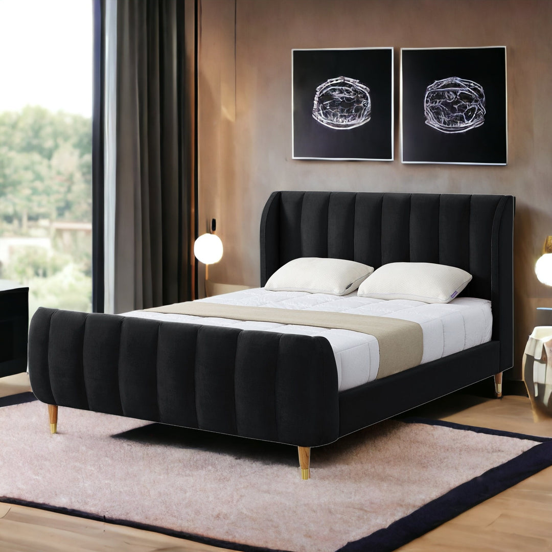 Black Solid Wood King Tufted Upholstered Velvet Bed