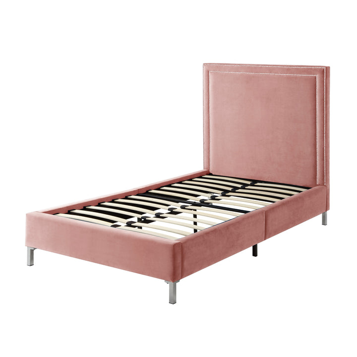 Blush Solid Wood Twin Upholstered Velvet Bed with Nailhead Trim