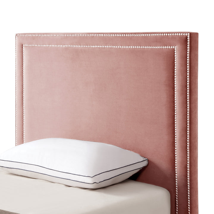 Blush Solid Wood Twin Upholstered Velvet Bed with Nailhead Trim