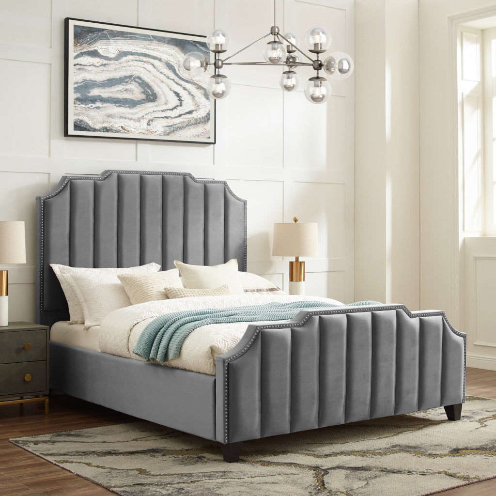 Gray Solid Wood King Tufted Upholstered Velvet Bed with Nailhead Trim