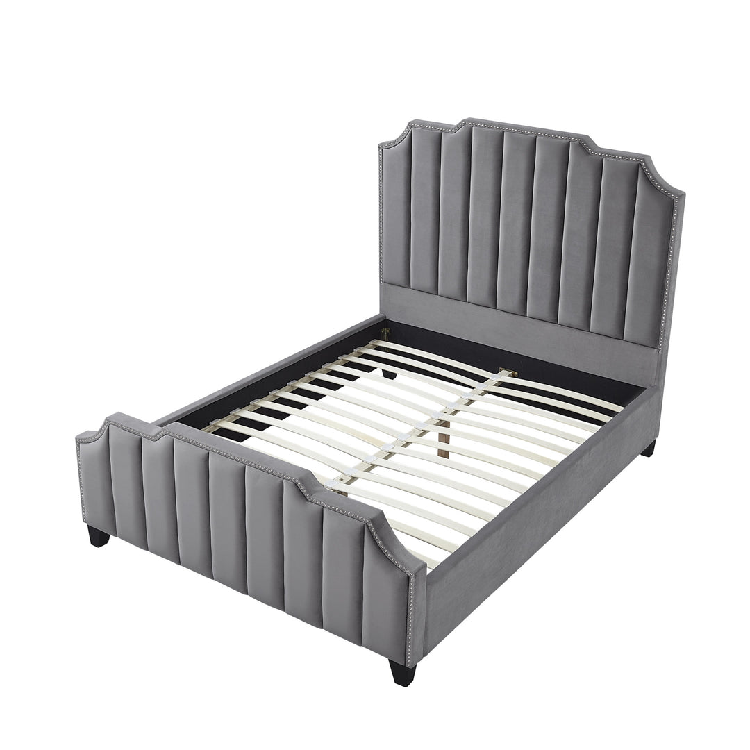 Gray Solid Wood King Tufted Upholstered Velvet Bed with Nailhead Trim