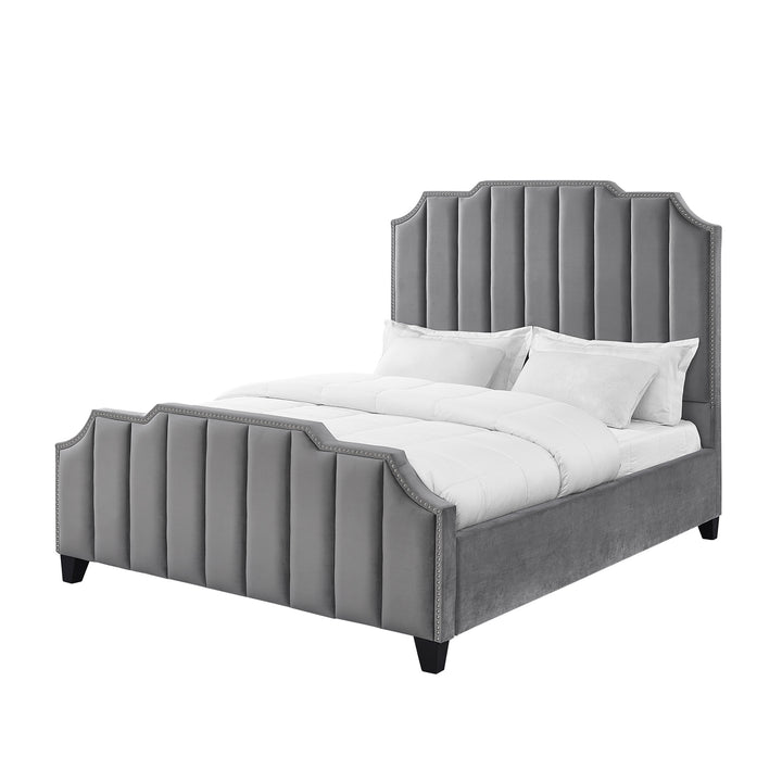 Gray Solid Wood King Tufted Upholstered Velvet Bed with Nailhead Trim