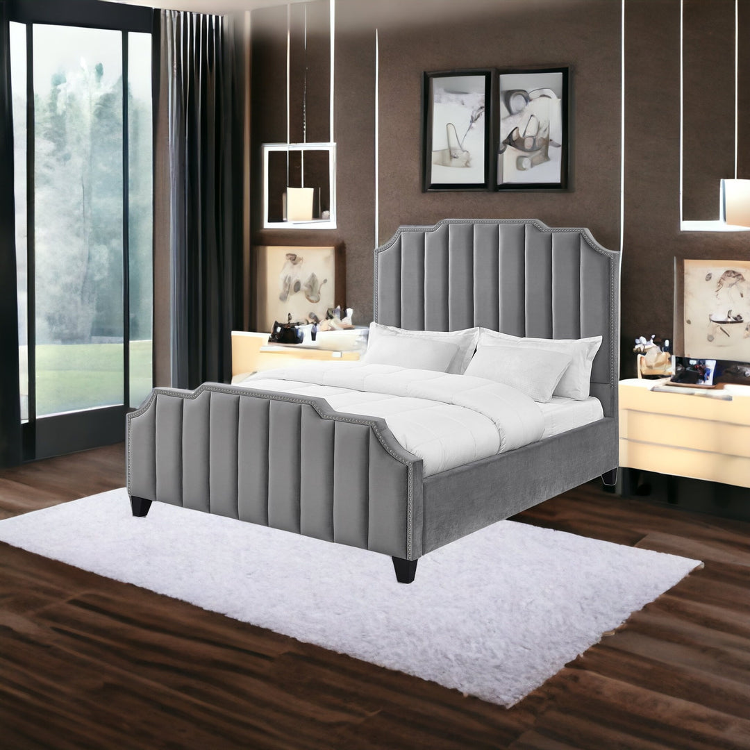 Gray Solid Wood King Tufted Upholstered Velvet Bed with Nailhead Trim