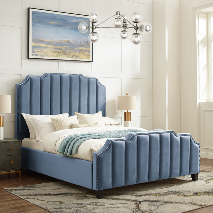 Gray Solid Wood King Tufted Upholstered Velvet Bed with Nailhead Trim