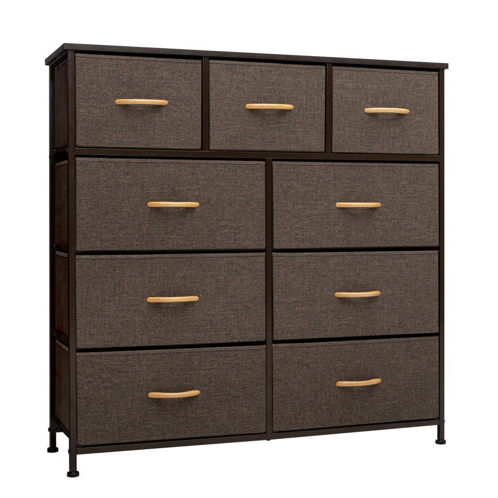 39" Brown Steel and Fabric Nine Drawer Triple Dresser