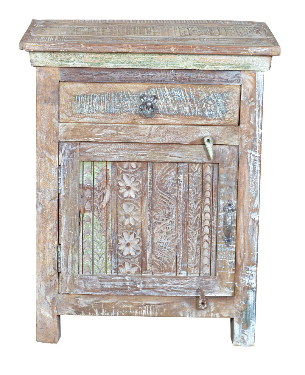 30" Distressed White One Drawer Embossed Floral Solid Wood Nightstand