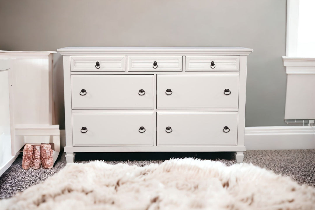 62" White Solid Wood Seven Drawer Double Dresser